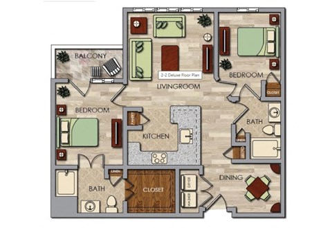 A floor plan of a house with a balcony, two bedrooms, a living room, a kitchen, a bath, a dining area, and a closet.