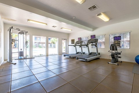 A spacious gym with treadmills, elliptical machines, and a blue exercise ball.