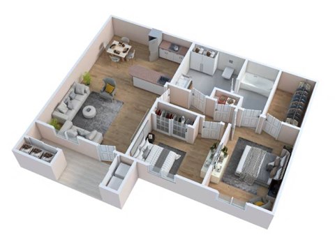 A 3D floor plan of a house with multiple rooms and furniture.