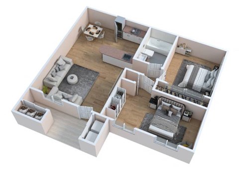 A 3D floor plan of a house with multiple rooms and furniture.