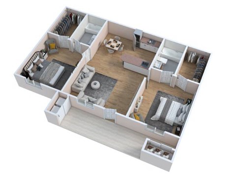 A 3D floor plan of a house layout.