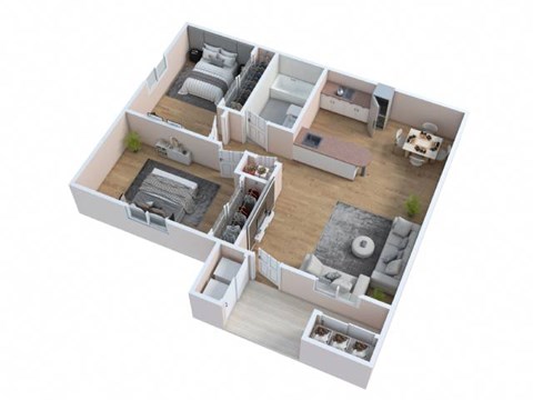 A 3D floor plan of a small apartment with two bedrooms, a living room, and a kitchen.