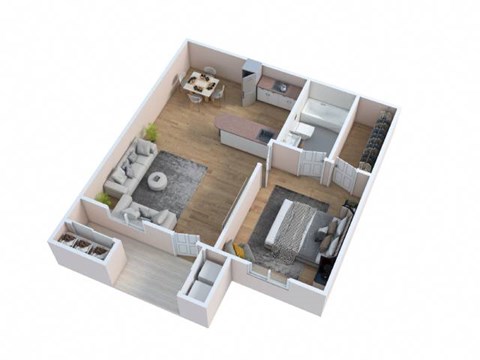 A 3D floor plan of a house with a living room, kitchen, and two bedrooms.
