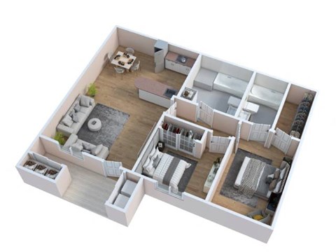 A 3D floor plan of a house with a kitchen, living room, and bedrooms.