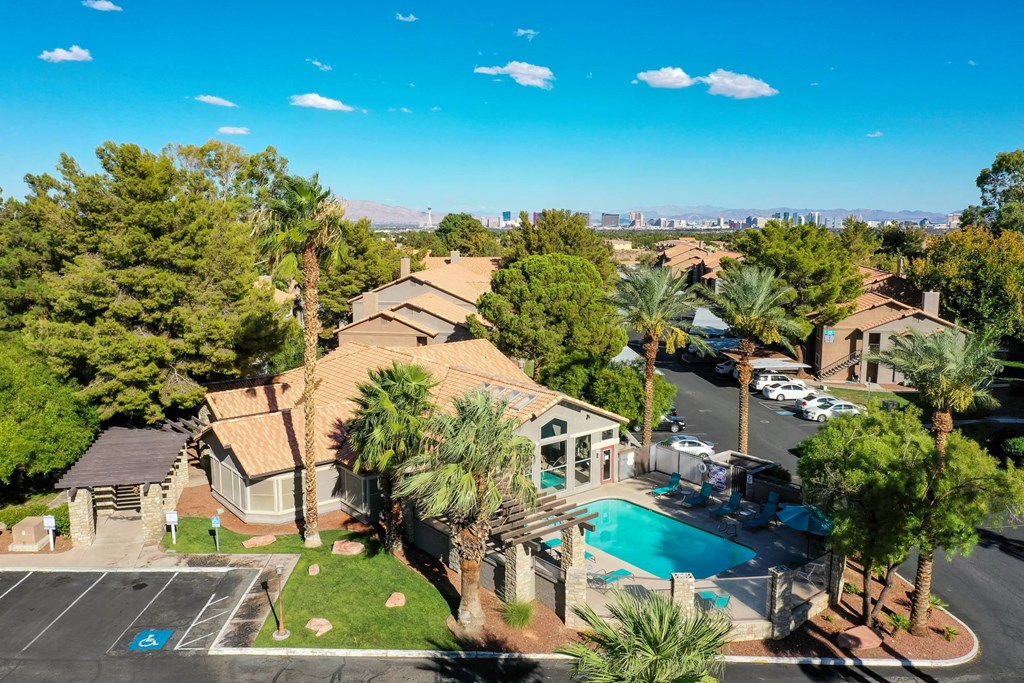 A bird's eye view of a residential area with a swimming pool and palm trees.