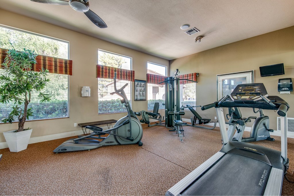 A room with a treadmill, exercise bike, and other workout equipment.