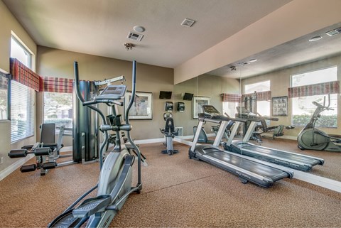 A well-equipped gym with treadmills, elliptical machines, and other exercise equipment.