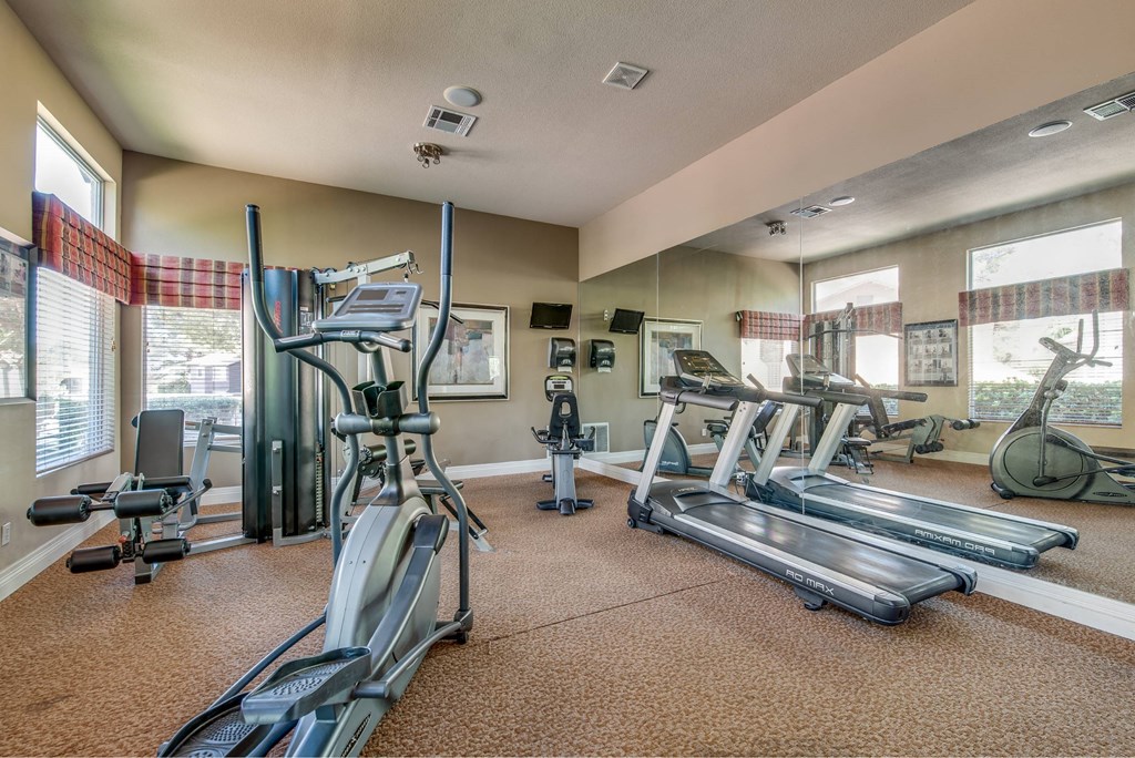 A well-equipped gym with treadmills, elliptical machines, and other exercise equipment.
