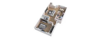 A 3D floor plan of a small apartment with a living room, kitchen, and bedroom.