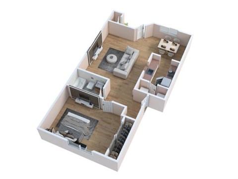 A 3D floor plan of a small apartment with a living room, kitchen, and bedroom.