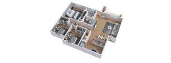 A 3D floor plan of a house with multiple rooms and furniture.