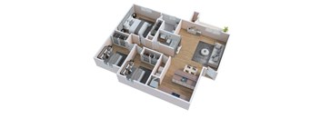 A 3D floor plan of a house with multiple rooms and furniture.