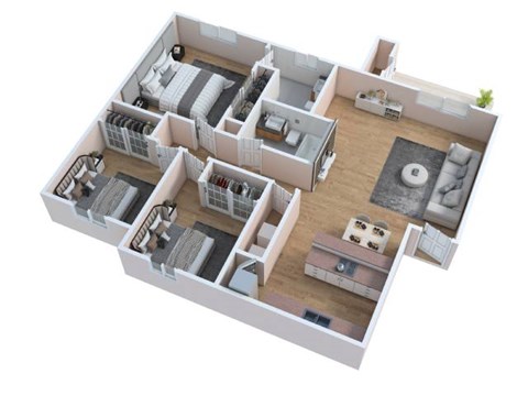 A 3D floor plan of a house with multiple rooms and furniture.