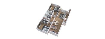 A 3D floor plan of a house showing the layout of the rooms.