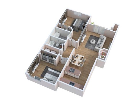 A 3D floor plan of a house showing the layout of the rooms.