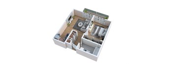 A 3D floor plan of a small apartment with a living room, kitchen, and bathroom.