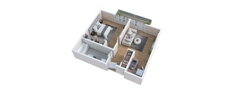 A top down view of a small apartment with a living room, kitchen, and bedroom.