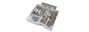 A top-down view of a living room with a couch, a coffee table, and a staircase leading to another room.