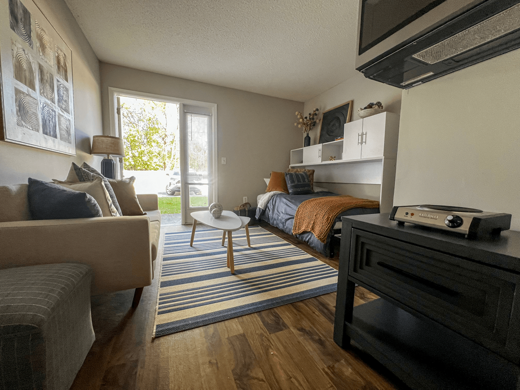 a bedroom with a bed and a living room with a couch and a tv