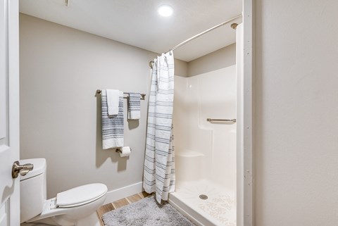 a bathroom with a toilet and a shower