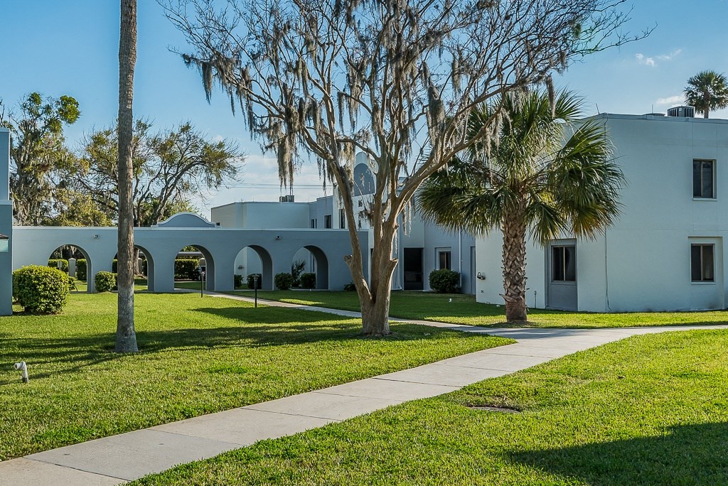 a white building with palm trees in front of it