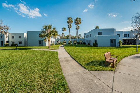 a bench sits in the middle of a grassy area with two houses in the background