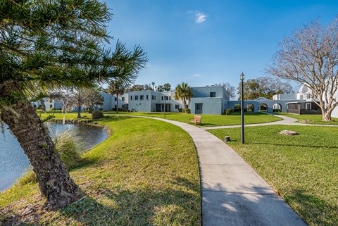 a pathway through a park with a pond and houses in the background