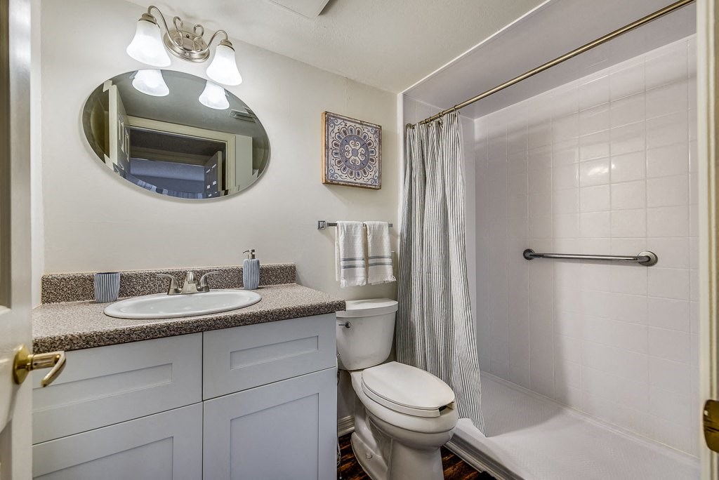 a bathroom with a shower toilet and sink