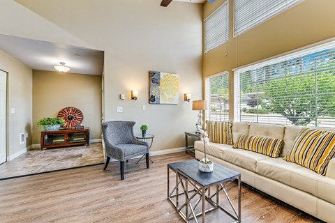 A living room with a grey armchair, a coffee table, and a sofa with striped cushions.