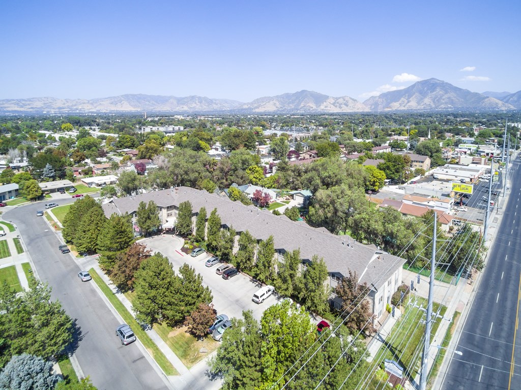 an aerial view of a neighborhood with trees and mountains in the background