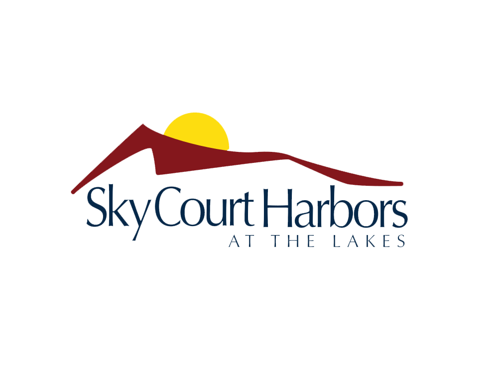 A logo for Sky Court Harbors at the lakes.