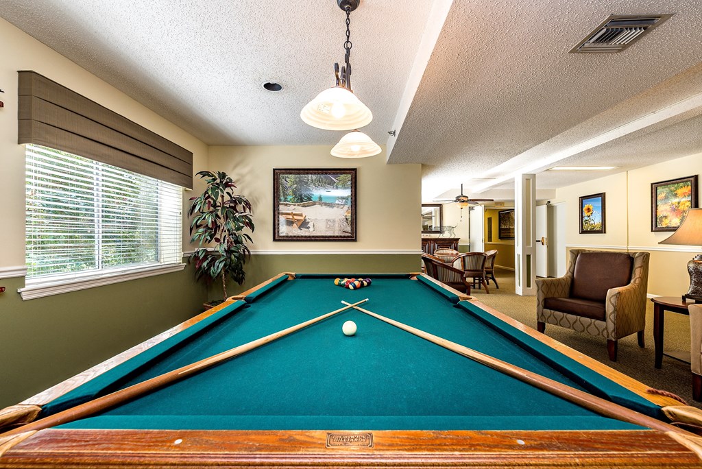 a living room with a pool table