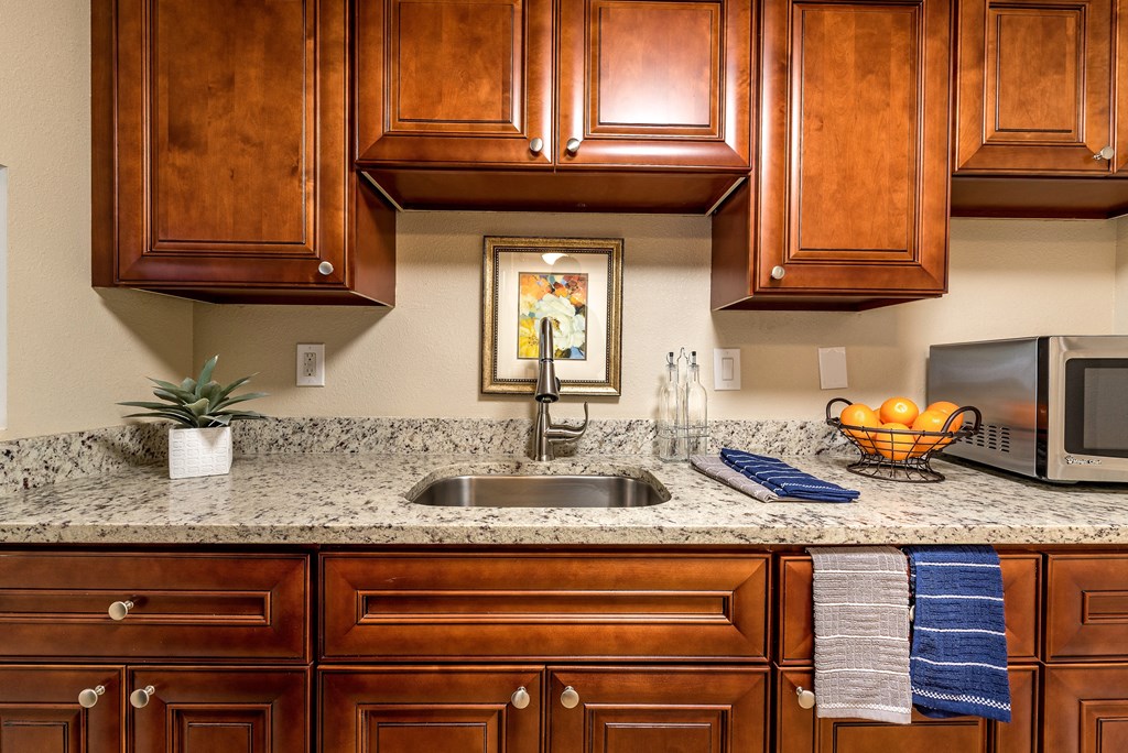 a kitchen with wood cabinets and granite counter tops and a sink