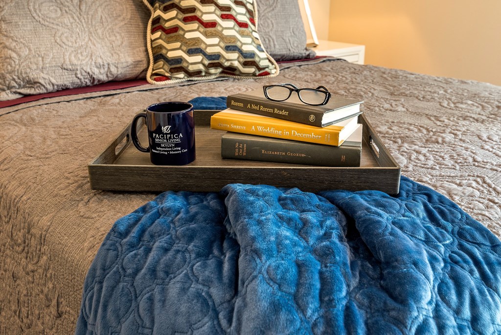a tray of books and a mug on a bed with a blanket