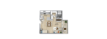 A floor plan of a small apartment with a kitchen, living room, and bathroom.