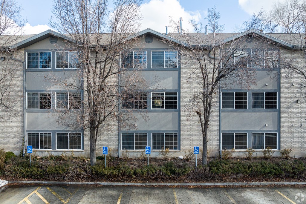 an exterior view of a building with trees in front of it
