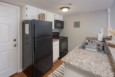a kitchen with a black refrigerator and a sink