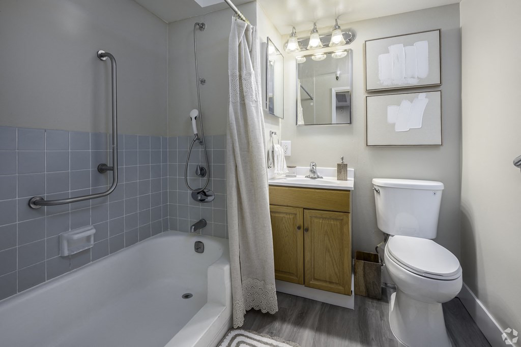 a bathroom with a toilet and a tub and a sink