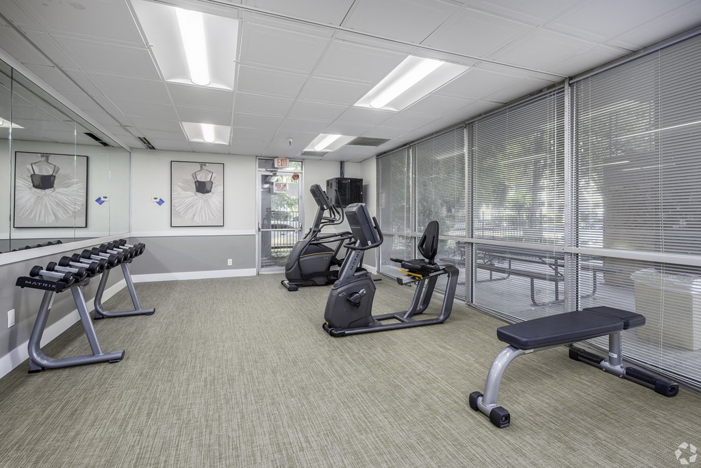 a gym with treadmills and other exercise equipment in a room with windows