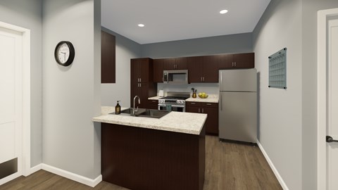 A kitchen with brown cabinets and a white countertop.
