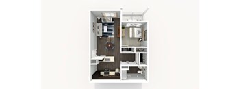 A small white room with a bed, a desk, and a shelf.