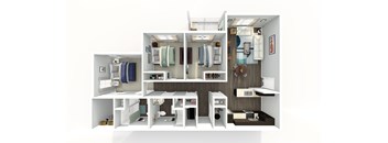 A 3D rendered image of a small, modern bathroom.