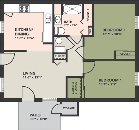 2 Bedroom, 1 Bath