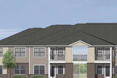 a rendering of an apartment building with a dark roof