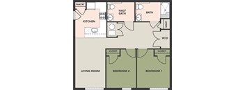 Kenlawn Place 2-Bedroom, 1-1/2 Bath, HC Floorplan