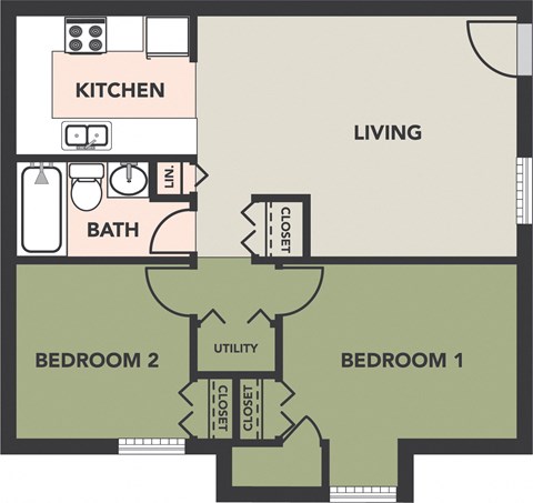 2 Bedroom, 1 Bath Floorplan