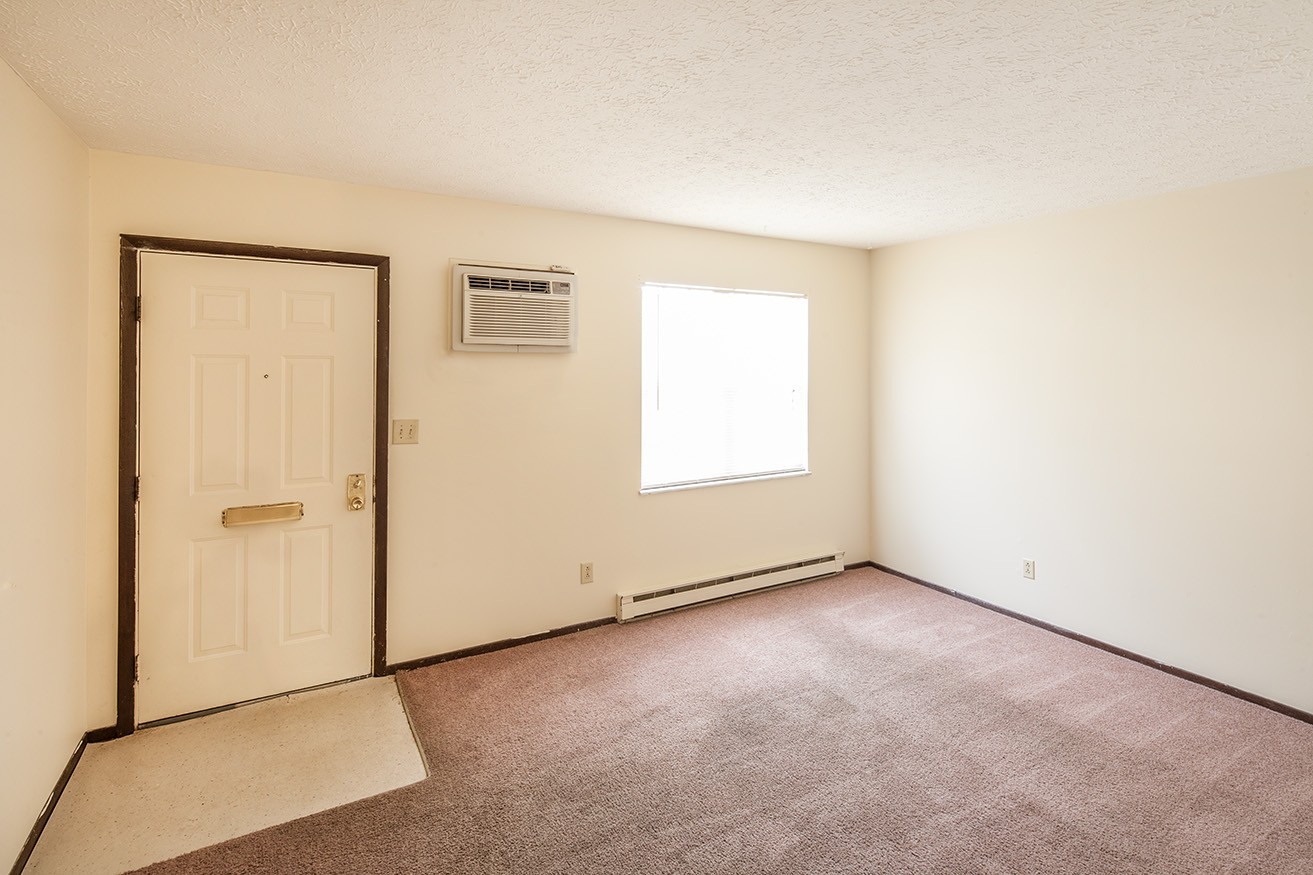 A room with a door, window, and carpet.