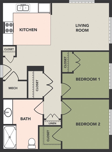 2 Bedroom, 1 Bath, HC