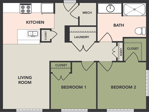 2 Bedroom, 1 Bath, HC