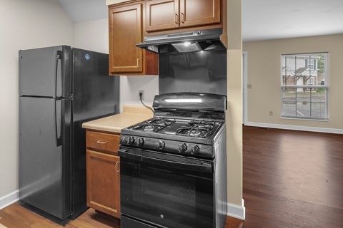 A black refrigerator and stove in a kitchen with wooden cabinets.
